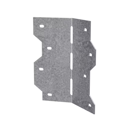 The Simpson Strong-Tie LS 4-7/8 in. ZMAX 18 Ga. Galvanized Adjustable Reinforcing L Angle is a metal bracket with a right-angle bend, featuring multiple evenly spaced circular and slotted openings for secure fastening on its textured, galvanized surface.